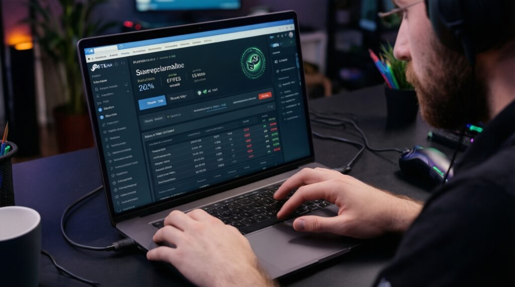 หัวข้อบทความ SEO: เปรียบเทียบ Market: Steam Community Market vs เว็บไซต์เทรดภายนอก-ข้อดีข้อเสียและค่าธรรมเนียม - иллюстрация