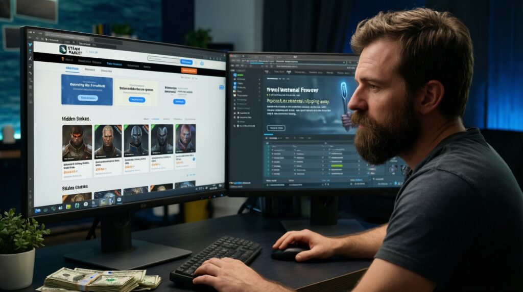 หัวข้อบทความ SEO: เปรียบเทียบ Market: Steam Community Market vs เว็บไซต์เทรดภายนอก-ข้อดีข้อเสียและค่าธรรมเนียม - иллюстрация