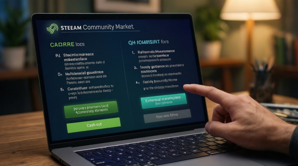 หัวข้อบทความ SEO: เปรียบเทียบ Market: Steam Community Market vs เว็บไซต์เทรดภายนอก-ข้อดีข้อเสียและค่าธรรมเนียม - иллюстрация