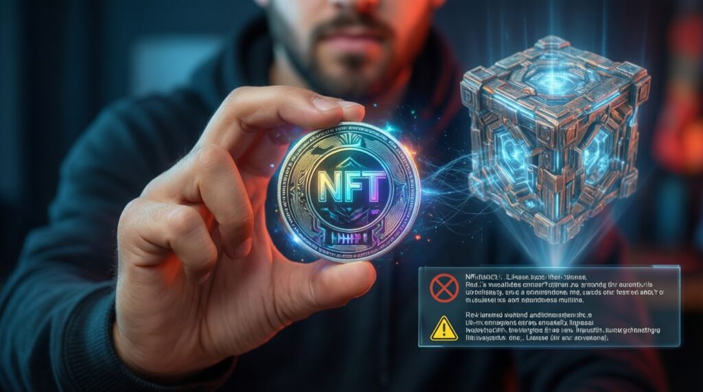 หัวข้อบทความ SEO: NFT ไอเทมในเกม: เป็นเจ้าของจริงแค่ไหน? สิทธิ์การใช้งาน vs การถือครองบนบล็อกเชน - иллюстрация