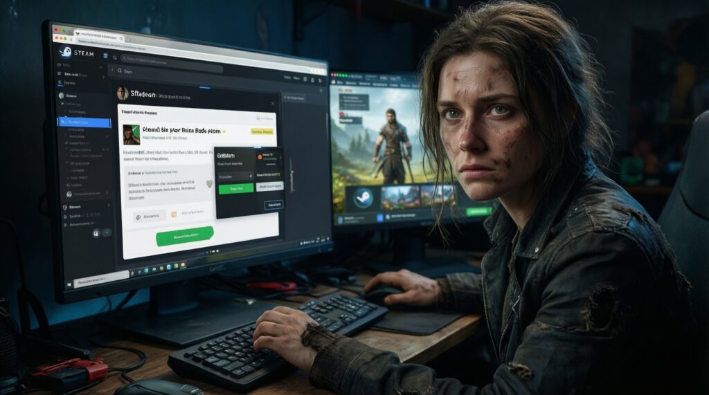 กลโกงที่พบบ่อยในวงการเดิมพันสกิน/เทรดไอเทม Steam และวิธีป้องกัน (API scam, phishing, impersonation) - иллюстрация