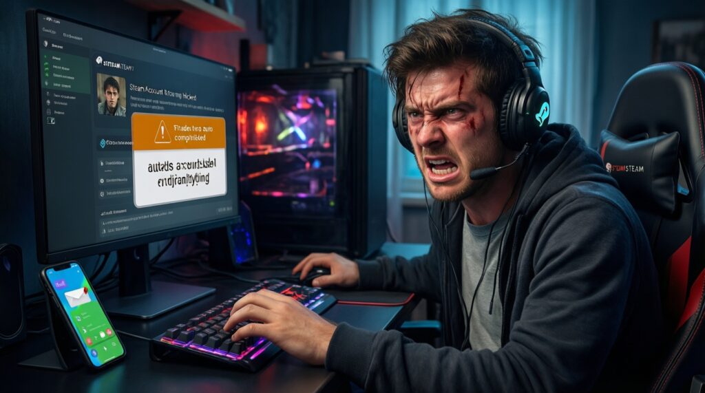 หัวข้อบทความ SEO: กลโกงยอดฮิตในวงการเทรดไอเทม Steam และวิธีป้องกัน (API Scam, Phishing, Fake Bot) - иллюстрация
